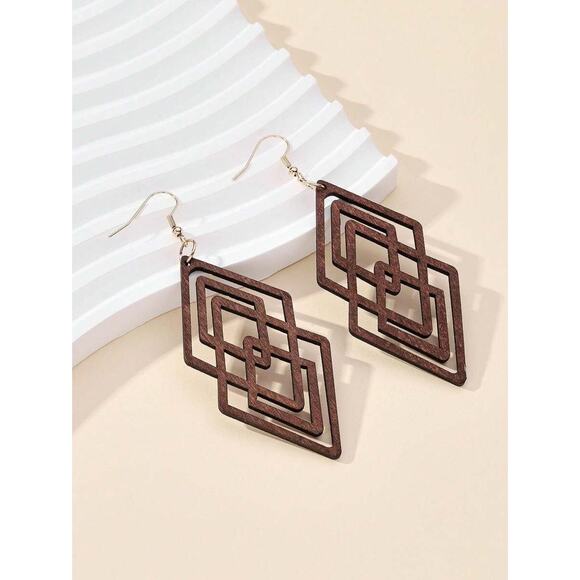 Handmade Boho Geometric Cutout Lightweight Wooden Statement Drop Earrings Brown - Picture 1 of 3